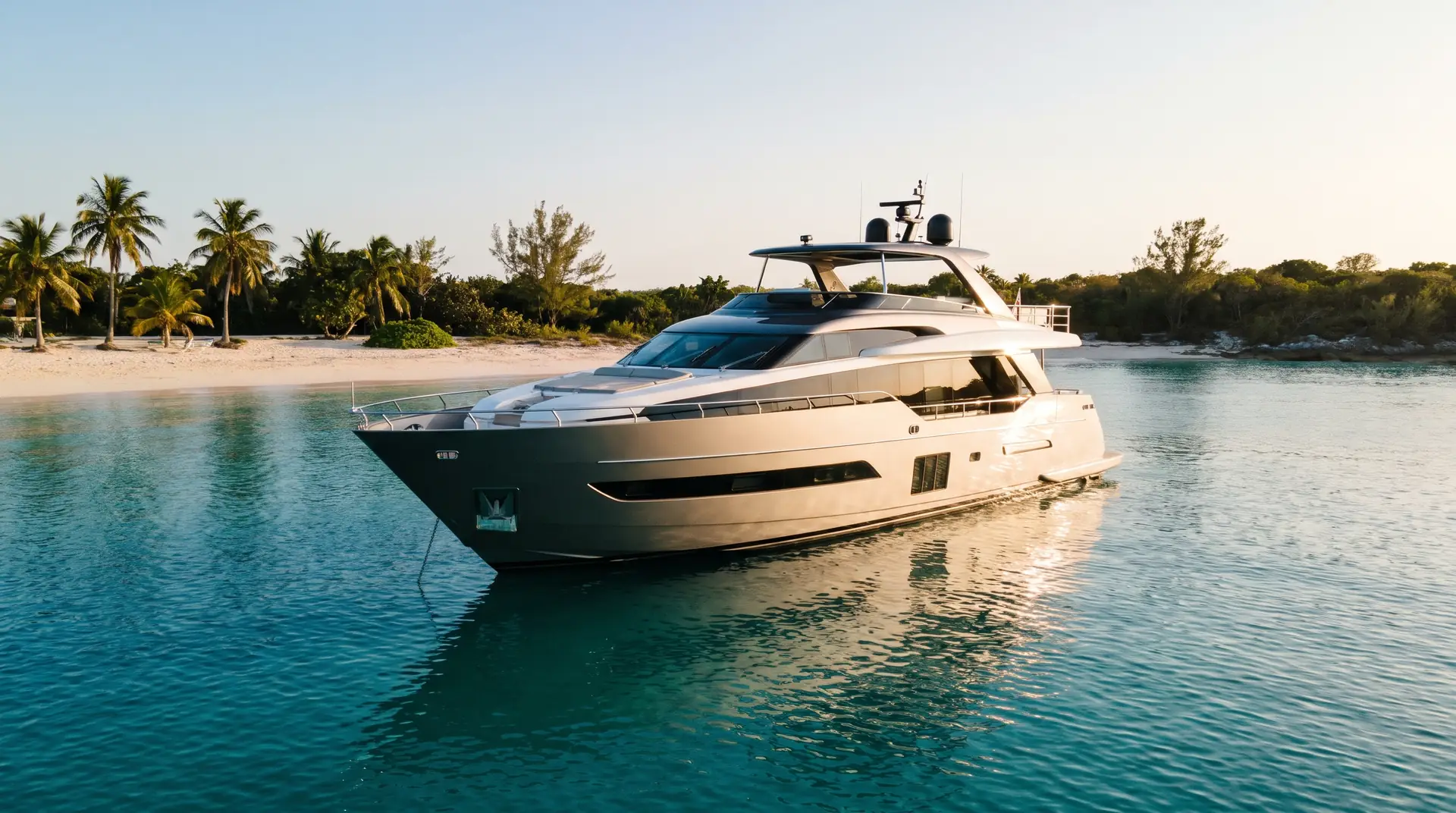 Motor yacht anclado en una bahía del Caribe