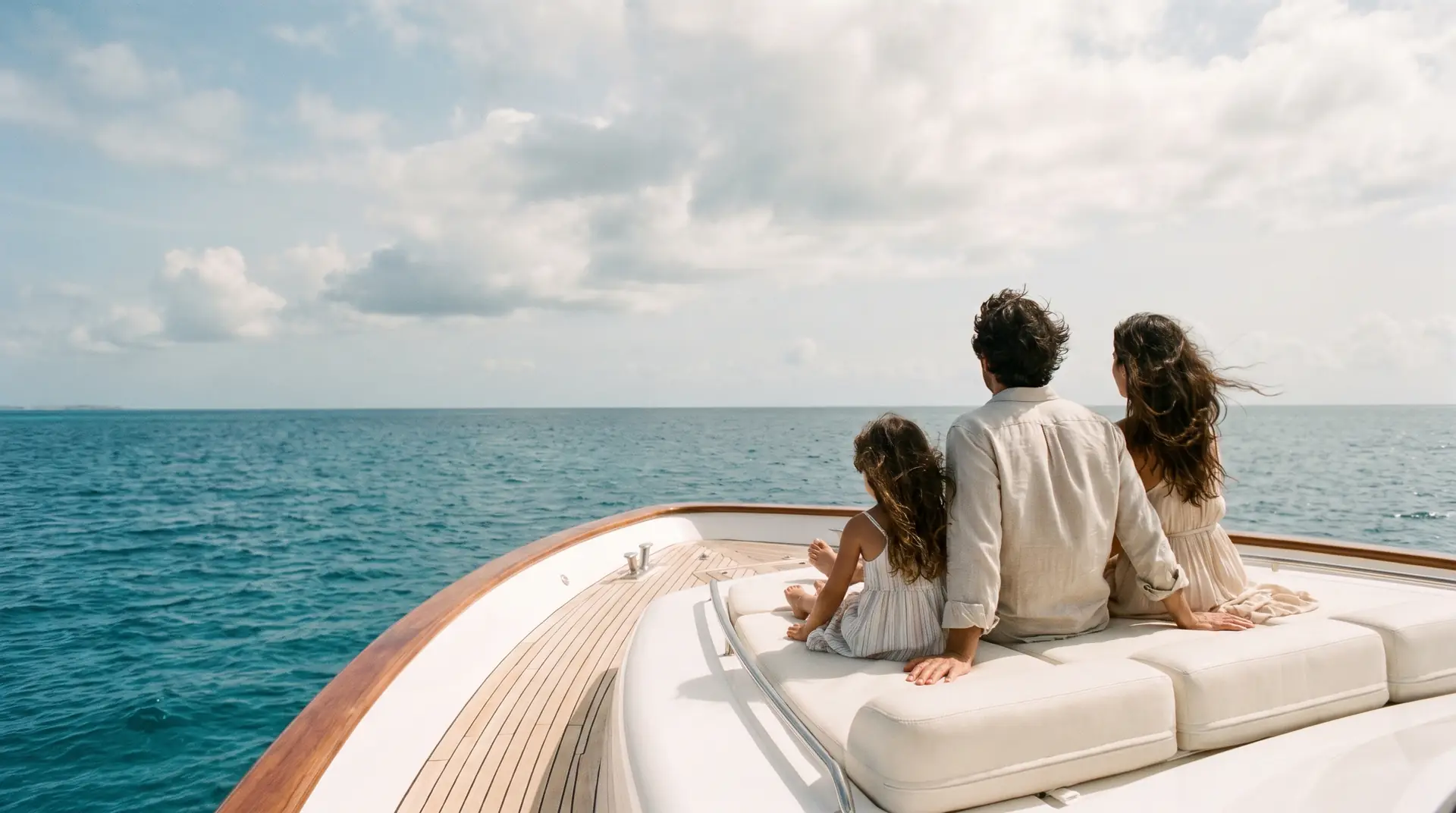 Familia mirando el horizonte desde la proa de un yate